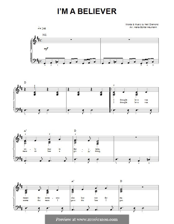 I'm a Believer: Partitura Piano-vocal by Neil Diamond