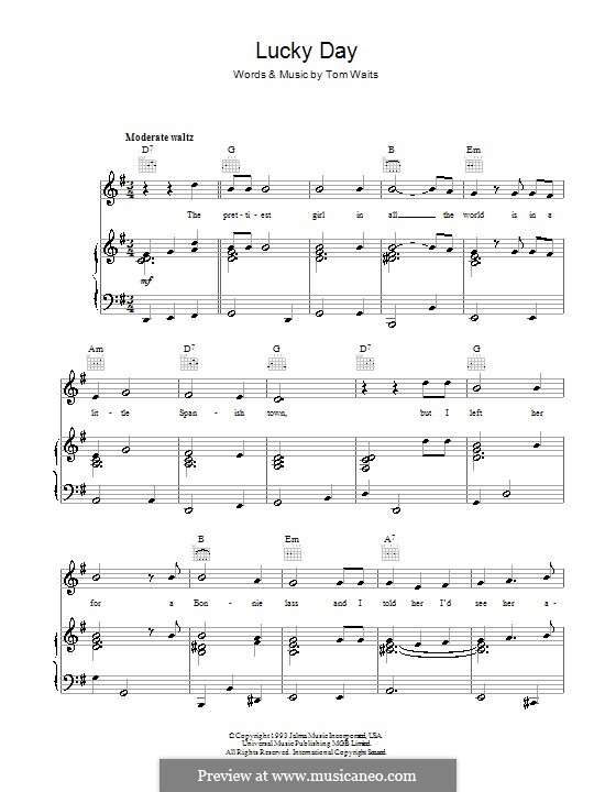 Lucky Day: Para vocais e piano (ou Guitarra) by Tom Waits