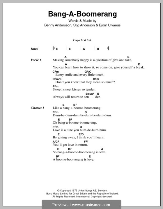 Bang-A-Boomerang (ABBA): Letras e Acordes by Benny Andersson, Björn Ulvaeus, Stig Anderson