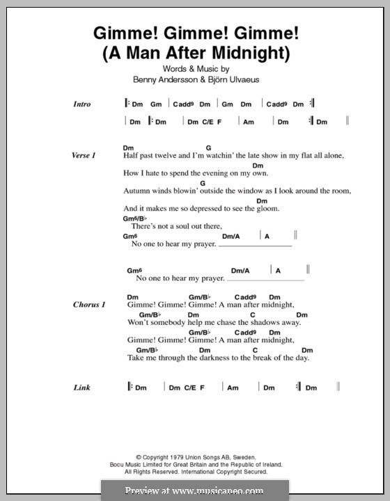 Gimme! Gimme! Gimme! / A Man after Midnight (ABBA): Letras e Acordes by Benny Andersson, Björn Ulvaeus