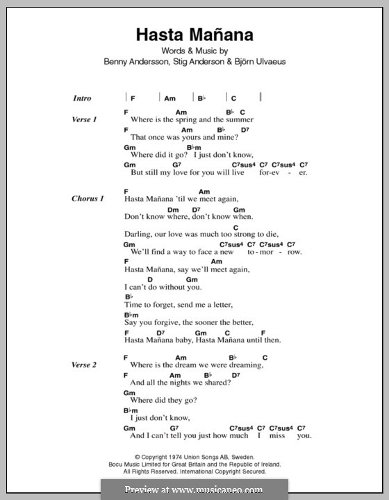 Hasta Manana (ABBA): Letras e Acordes by Benny Andersson, Björn Ulvaeus, Stig Anderson