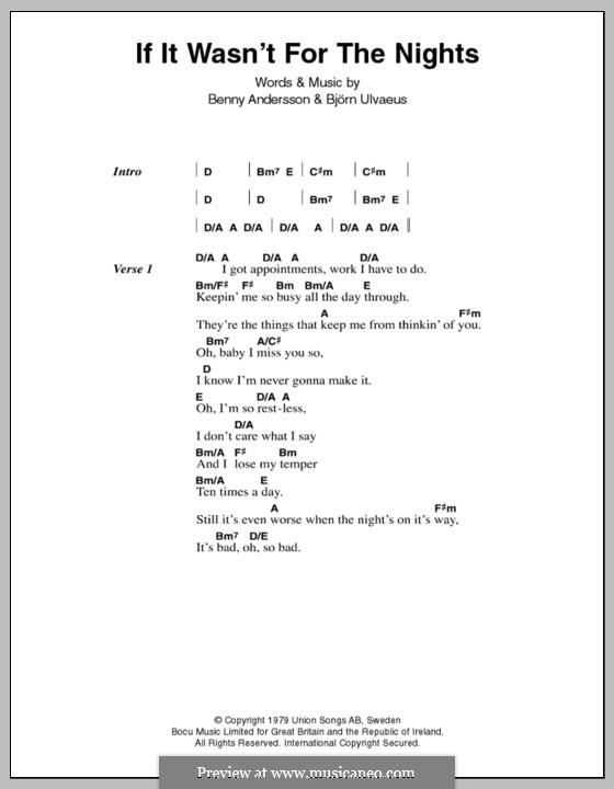 If It Wasn't for the Nights (ABBA): Letras e Acordes by Benny Andersson, Björn Ulvaeus