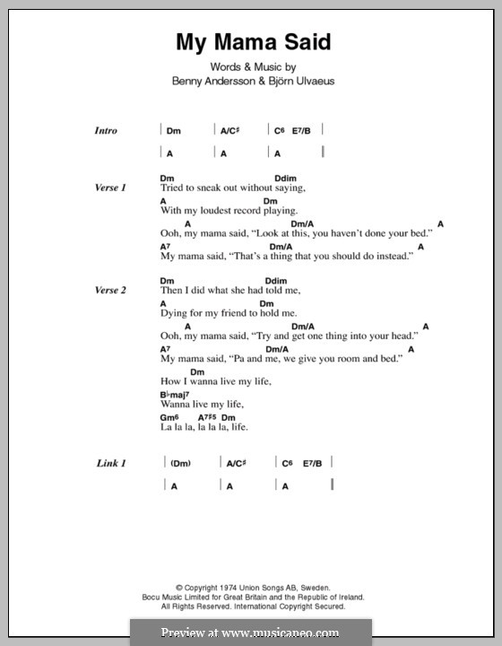 My Mama Said (ABBA): Letras e Acordes by Benny Andersson, Björn Ulvaeus