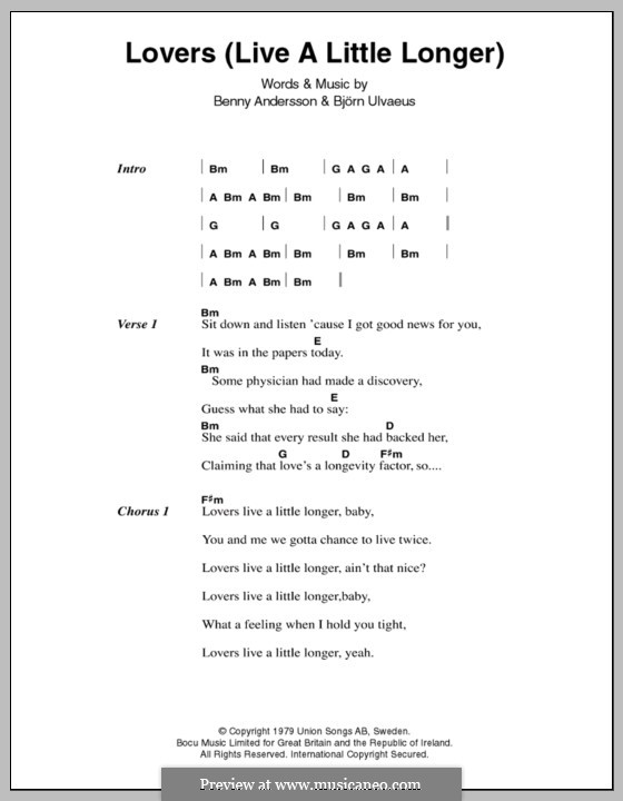 Lovers (Live a Little Longer): Lyrics and chords (ABBA) by Benny Andersson, Björn Ulvaeus