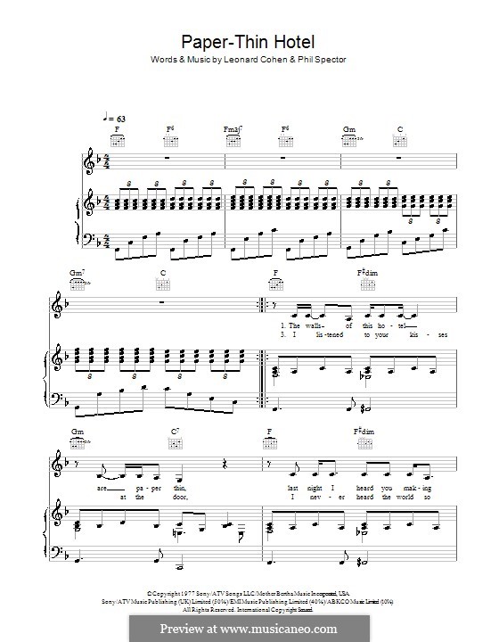 Paper-Thin Hotel: Para vocais e piano (ou Guitarra) by Leonard Cohen, Phil Spector