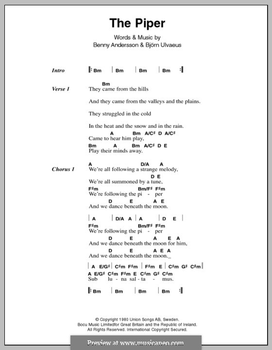 The Piper (ABBA): Letras e Acordes by Benny Andersson, Björn Ulvaeus