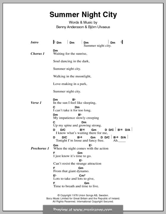 Summer Night City (ABBA): Letras e Acordes by Benny Andersson, Björn Ulvaeus