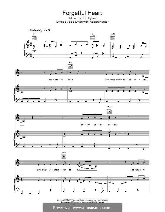 Forgetful Heart: Para vocais e piano (ou Guitarra) by Bob Dylan