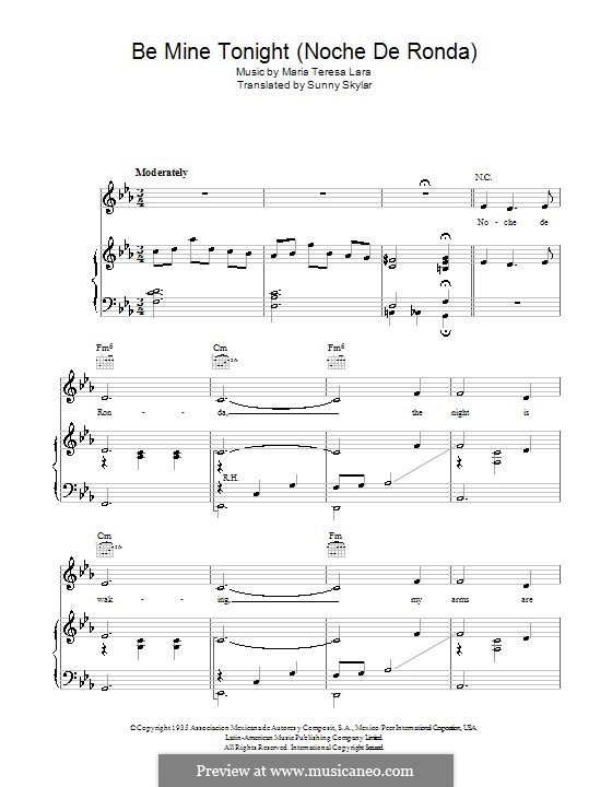 Be Mine Tonight (Noche de Ronda): For voice and piano or guitar (Doris Day) by Maria Teresa Lara