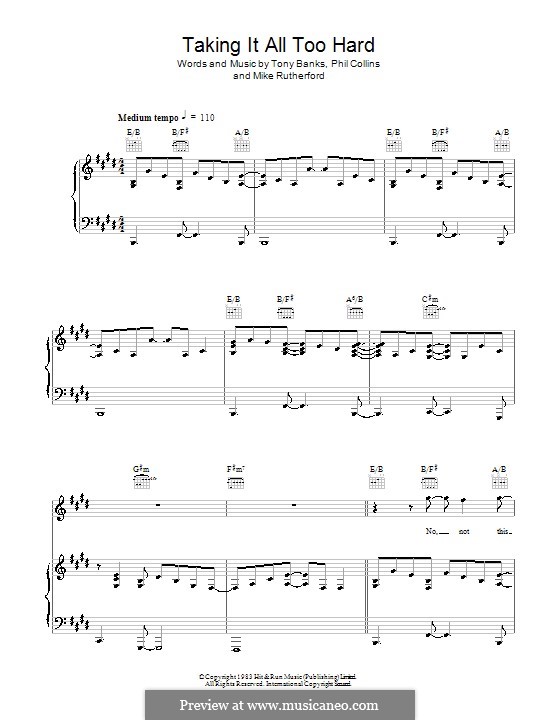 Taking It All Too Hard (Genesis): Para vocais e piano (ou Guitarra) by Tony Banks, Mike Rutherford, Phil Collins