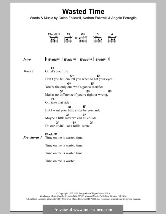 Wasted Time (Kings of Leon): Letras e Acordes by Angelo, Anthony Caleb Followill, Nathan Followill