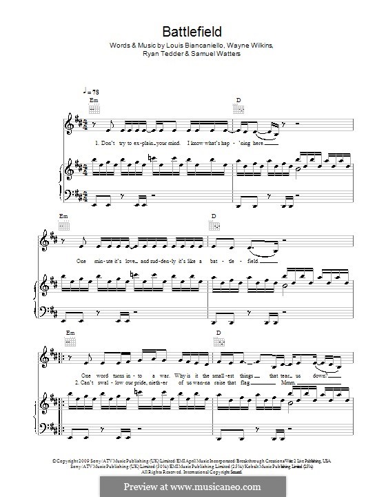 Battlefield (Jordin Sparks): Para vocais e piano (ou Guitarra) by Louis Biancaniello, Ryan B Tedder, Samuel Watters, Wayne Wilkins