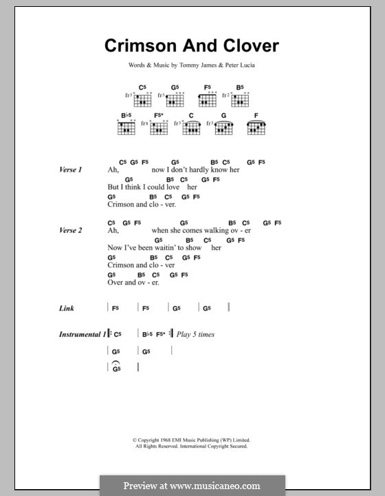 Crimson and Clover (Tommy James and The Shondells): Letras e Acordes by Peter Lucia, Tommy Lee James