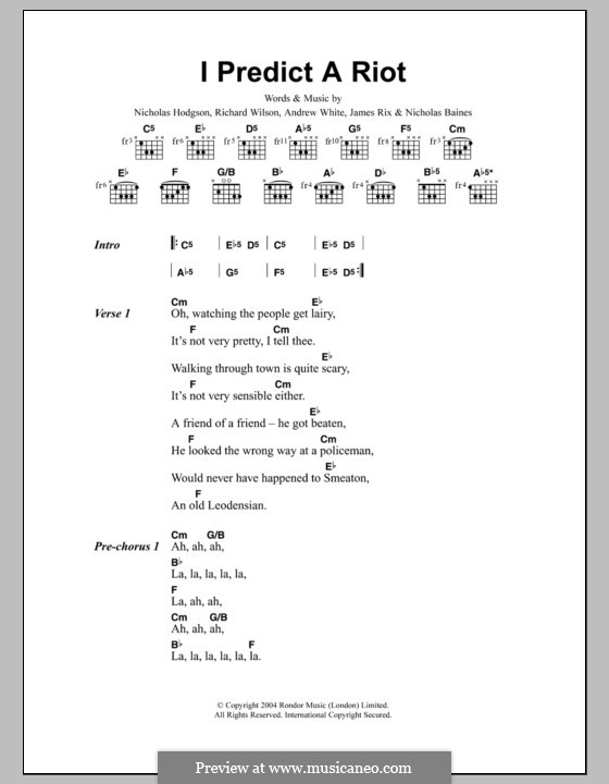 I Predict a Riot (Kaiser Chiefs): Letras e Acordes by Andrew White, James Rix, Nicholas Baines, Nicholas Hodgson, Charles Wilson