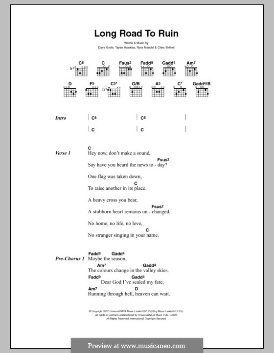 Long Road to Ruin (Foo Fighters): Letras e Acordes by Christopher Shiflett, David Grohl, Nate Mendel, Taylor Hawkins