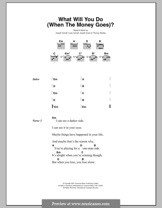 What Will You Do (When the Money Goes): Lyrics and chords (Milburn) by Joseph Carnall, Joseph Green, Louis Carnall, Thomas Rowley