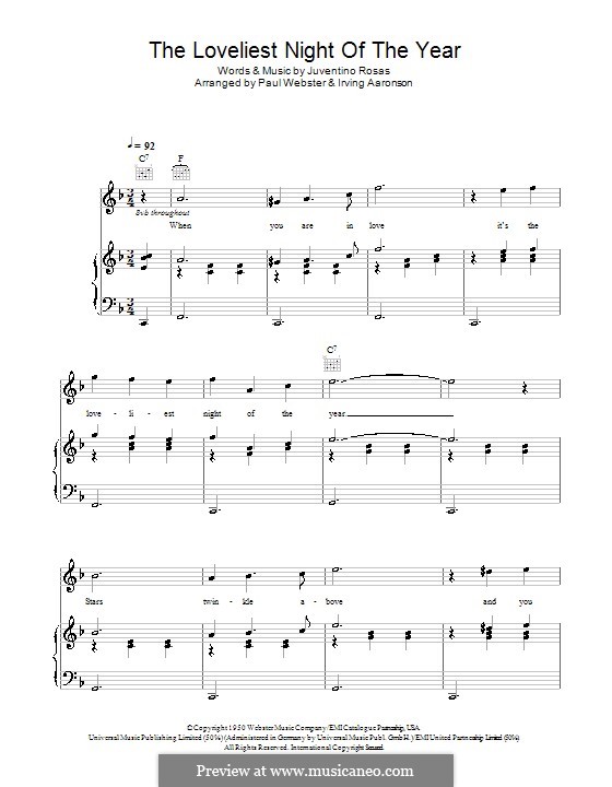 The Loveliest Night of the Year: Para vocais e piano (ou Guitarra) by Juventino Rosas