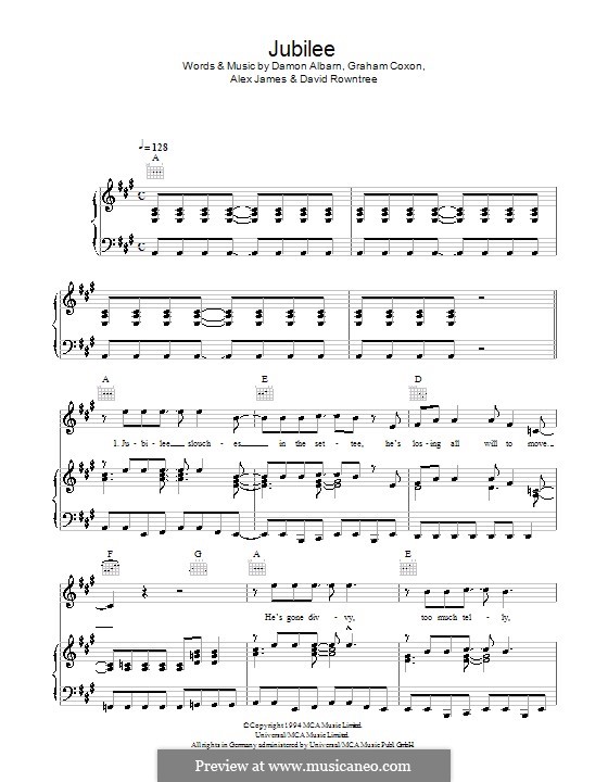 Jubilee (Blur): Para vocais e piano (ou Guitarra) by Alex James, Damon Albarn, David Rowntree, Graham Coxon