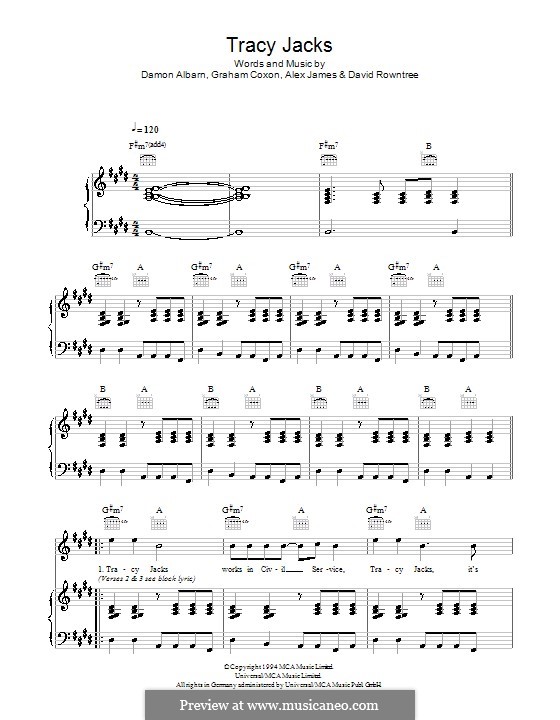 Tracy Jacks (Blur): Para vocais e piano (ou Guitarra) by Alex James, Damon Albarn, David Rowntree, Graham Coxon