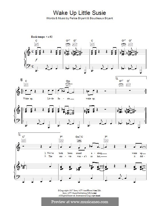 Wake Up Little Susie (The Everly Brothers): Para vocais e piano (ou Guitarra) by Boudleaux Bryant, Felice Bryant