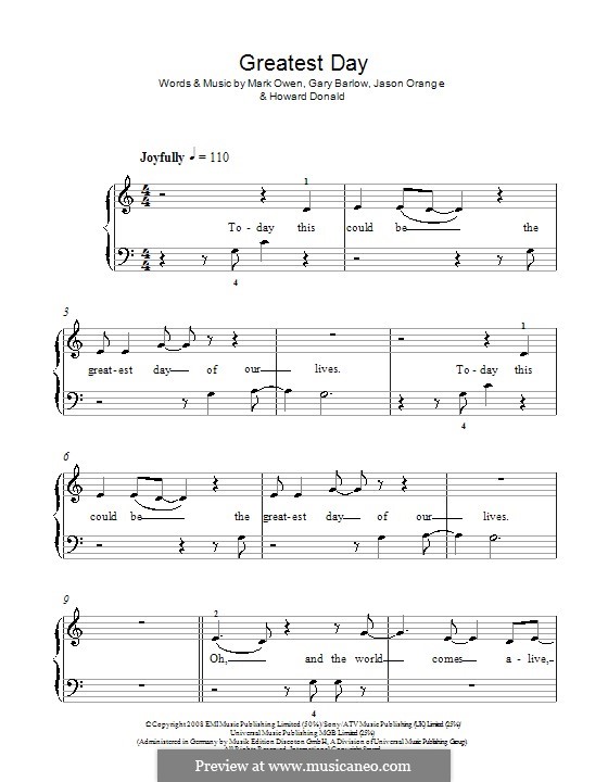 Greatest Day (Take That): Facil para o piano by Gary Barlow, Howard Donald, Jason Orange, Mark Owen