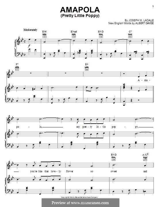 Amapola (Pretty Little Poppy): Para vocais e piano (ou Guitarra) by Joseph M. Lacalle