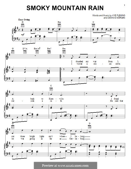 Smoky Mountain Rain (Ronnie Milsap): Para vocais e piano (ou Guitarra) by Dennis Morgan, Kye Fleming