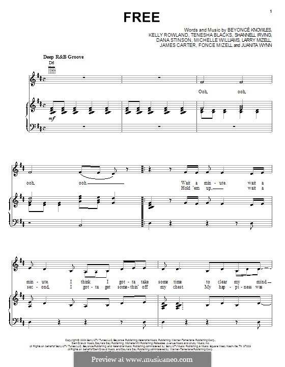 Free (Destiny's Child): Para vocais e piano (ou Guitarra) by Beyoncé, Alphonso Mizell, Dana Stinson, James Carter, Juanita Wynn, Kelly Rowland, Larry Mizell, Michelle Williams, Shannell Irving, Tenesha Blacks