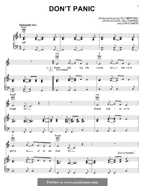 Don't Panic (Coldplay): Para vocais e piano (ou Guitarra) by Chris Martin, Guy Berryman, Jonny Buckland, Will Champion