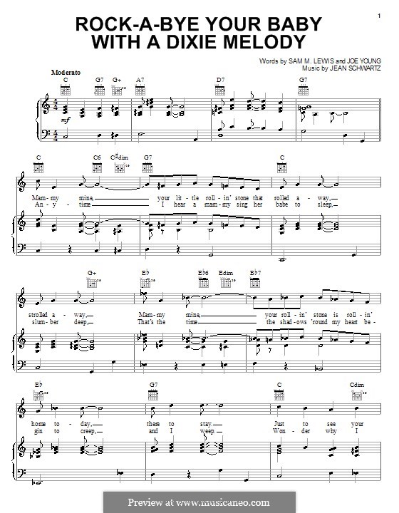 Rock-a-Bye Your Baby with a Dixie Melody (Al Jolson): Para vocais e piano (ou Guitarra) by Jean Schwartz