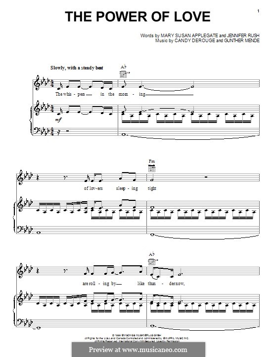 The Power of Love: For voice and piano or guitar (Celine Dion) by Candy Derouge, Gunther Mende, Jennifer Rush, Mary Susan Applegate