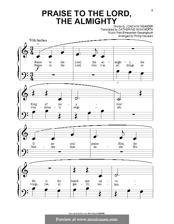 Praise to the Lord, the Almighty: para piano (C maior) by Unknown (works before 1850)