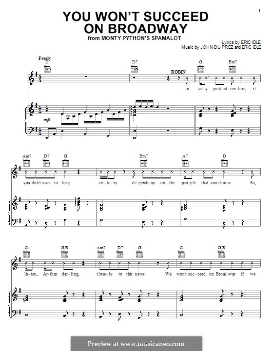 You Won't Succeed on Broadway (from Monty Python's Spamalot): Para vocais e piano (ou Guitarra) by Eric Idle, John Du Prez