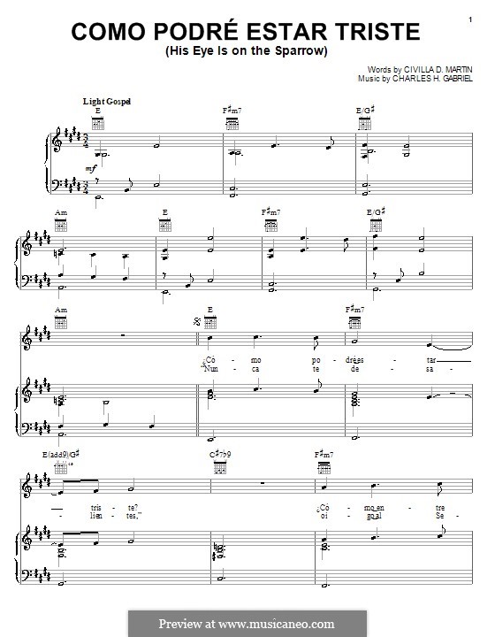 Como Podré Estar Triste (His Eye Is on the Sparrow): Para vocais e piano (ou Guitarra) by Charles Hutchinson Gabriel