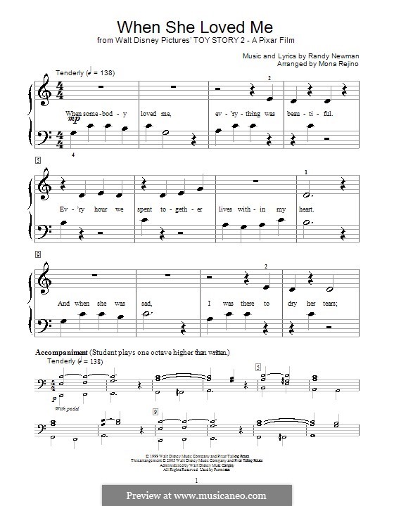 When She Loved Me (from Toy Story 2): For easy piano with lyrics (Sarah McLachlan) by Randy Newman