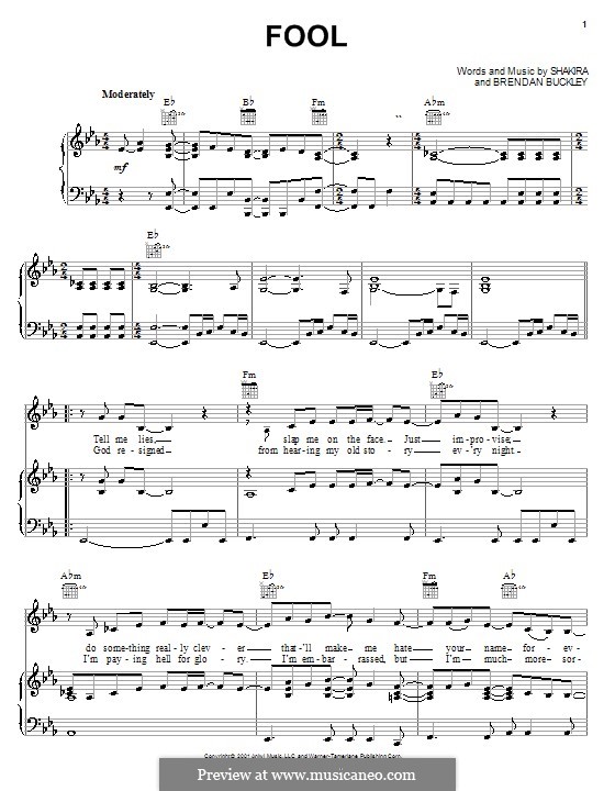 Fool (Shakira): Para vocais e piano (ou Guitarra) by Brendan Buckley