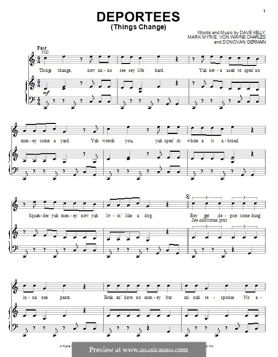 Deportees (Things Change): Para vocais e piano (ou Guitarra) by Dave Kelly, Donovan Germain, Mark Myrie, Von Wayne Charles