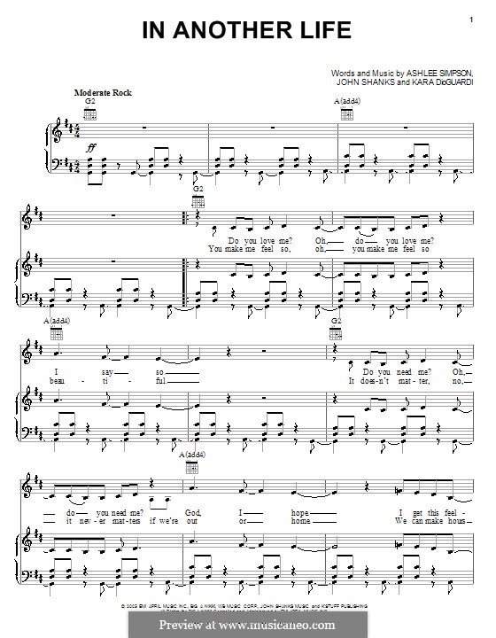 In Another Life (Ashlee Simpson): Para vocais e piano (ou Guitarra) by John M Shanks, Kara DioGuardi
