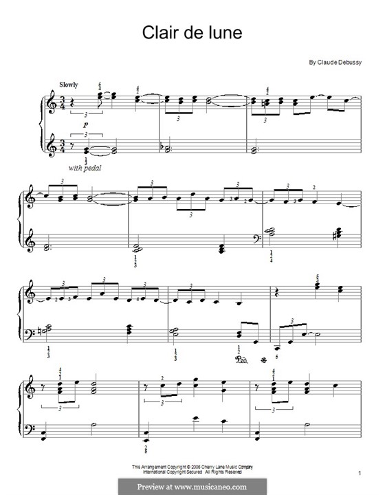 No.3 Clair de lune, for Piano: Version for easy piano (with fingering) by Claude Debussy