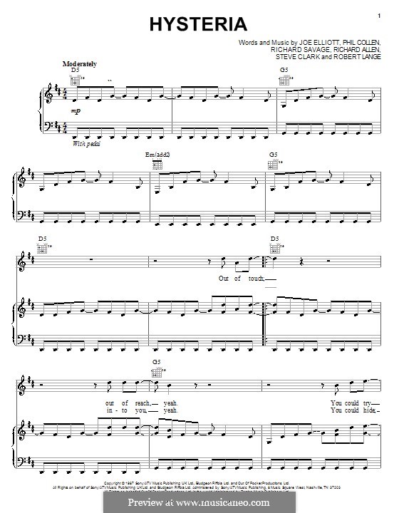 Hysteria (Def Leppard): Para vocais e piano (ou Guitarra) by Joe Elliott, Phil Collen, Richard Allen, Richard Savage, Robert John Lange, Steve Clark