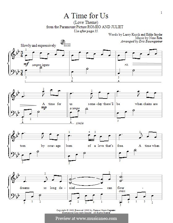 A Time for Us (Love Theme from Romeo and Juliet): Para Piano by Nino Rota