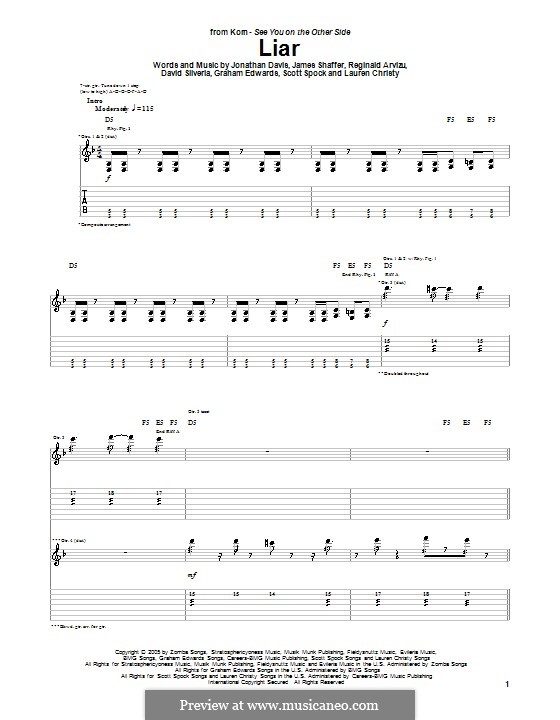 Liar (Korn): Para guitarra com guia by David Silveria, Graham Edwards, James Shaffer, Jonathan Davis, Lauren Christy, Reginald Arvizu, Scott Spock