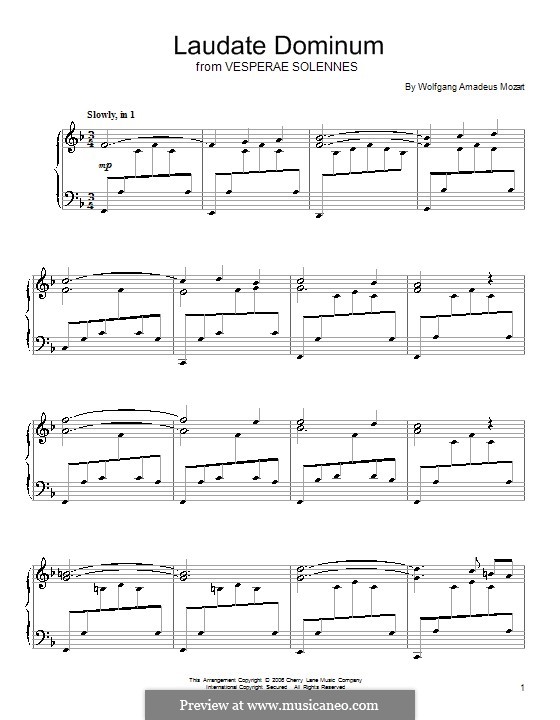 Vesperae solennes de confessore, K.339: Laudate Dominum, for piano by Wolfgang Amadeus Mozart