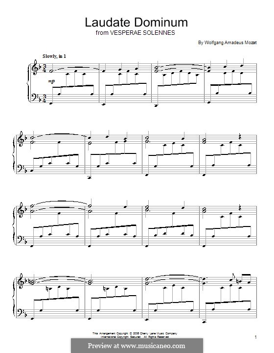 Vesperae solennes de confessore, K.339: Laudate Dominum, for piano by Wolfgang Amadeus Mozart