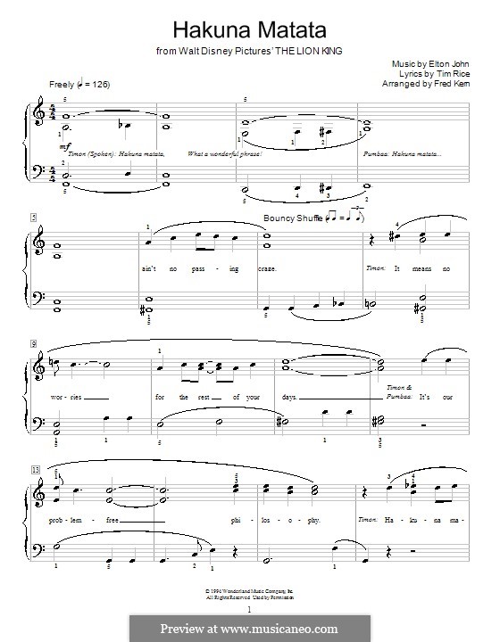 Hakuna Matata (from The Lion King): Para Piano by Elton John