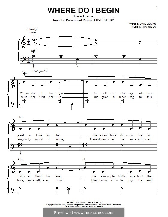 Where Do I Begin (Theme from Love Story): Facil para o piano by Francis Lai