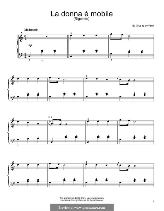 La donna è mobile (Over the Summer Sea) printable scores: Facil para o piano by Giuseppe Verdi