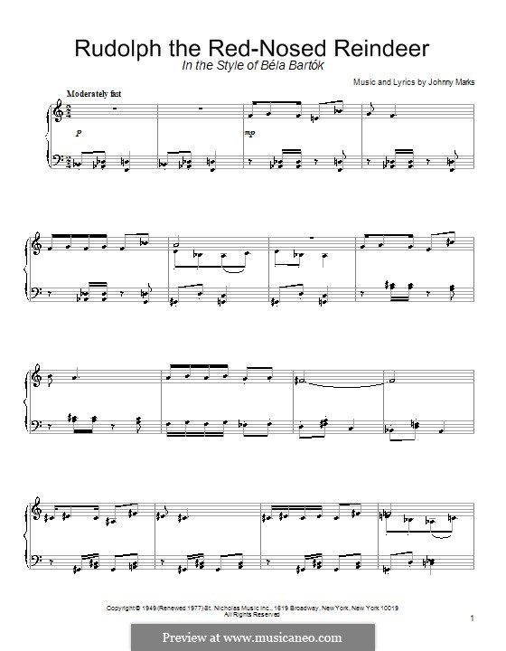 Rudolph the Red-Nosed Reindeer (Piano version): For a single performer (in the style of Bela Bartok) by Johnny Marks