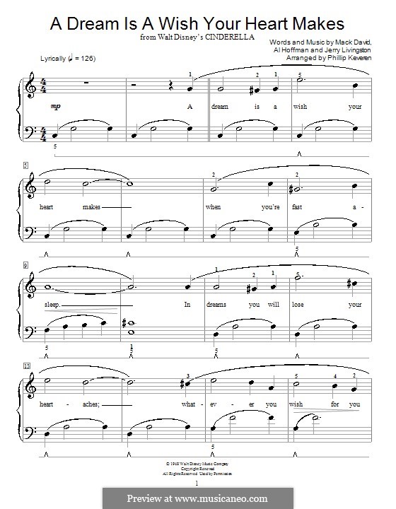 A Dream Is a Wish Your Heart Makes (from Disney's Cinderella): para piano (C maior) by Al Hoffman, Jerry Livingston, Mack David