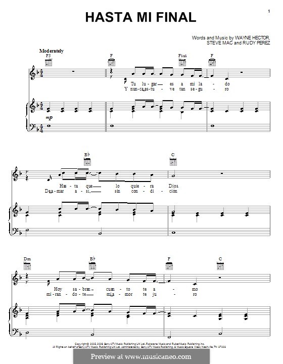 Hasta Mi Final (Il Divo): Para vocais e piano (ou Guitarra) by Rudy Perez, Steve Mac, Wayne Anthony Hector